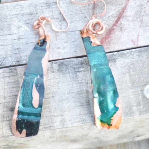 Brutalist Modernist Rustic Deep Green Long Textured Solid Pure Copper Earrings - Picture 2 of 3